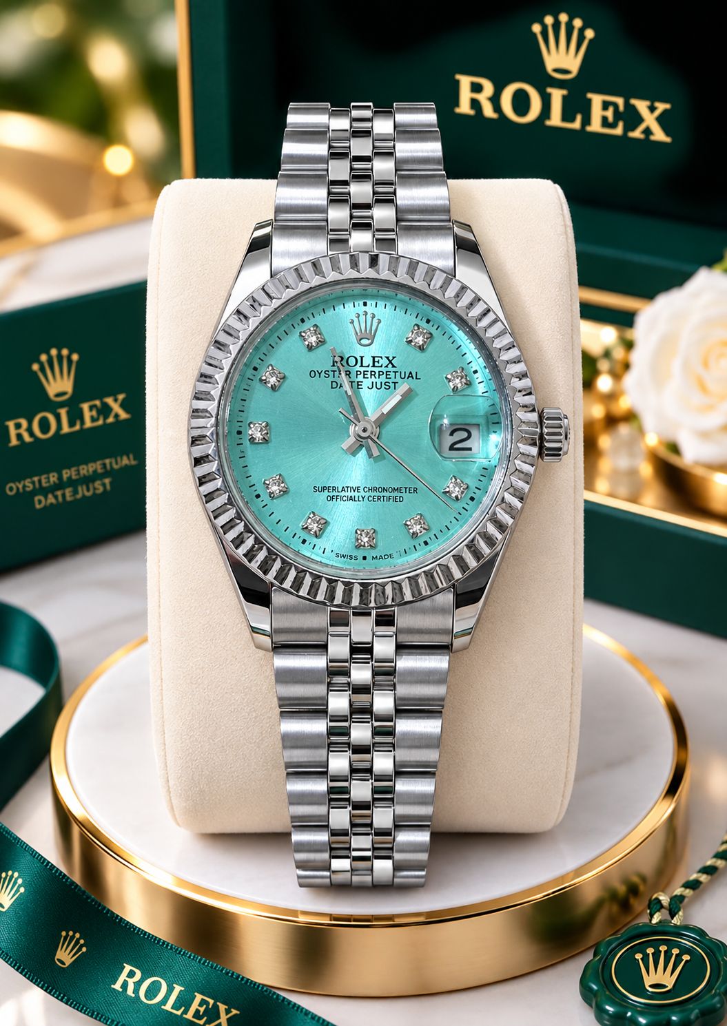 ساعت  زنانه بند نقره‌ای صفحه آبی تیفانی  برند(رولکس) ROLEX DATE JUST