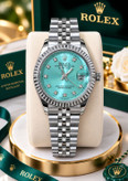 ساعت زنانه بند نقرهای صفحه آبی تیفانی برند(رولکس) ROLEX DATE JUST