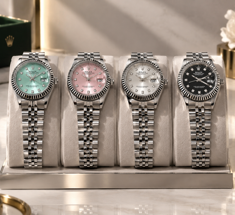 ساعت زنانه بند نقرهای صفحه آبی تیفانی برند(رولکس) ROLEX DATE JUST