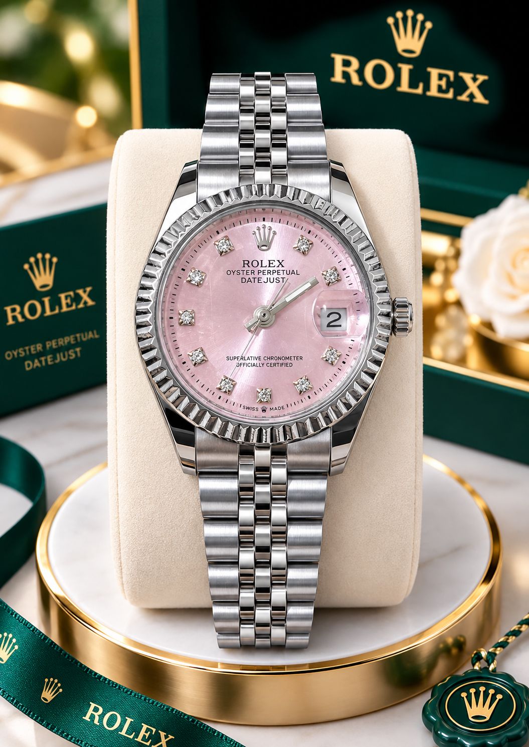 ساعت زنانه بند نقره ای صفحه صورتی برند( رولکس) ROLEX DATE JUST