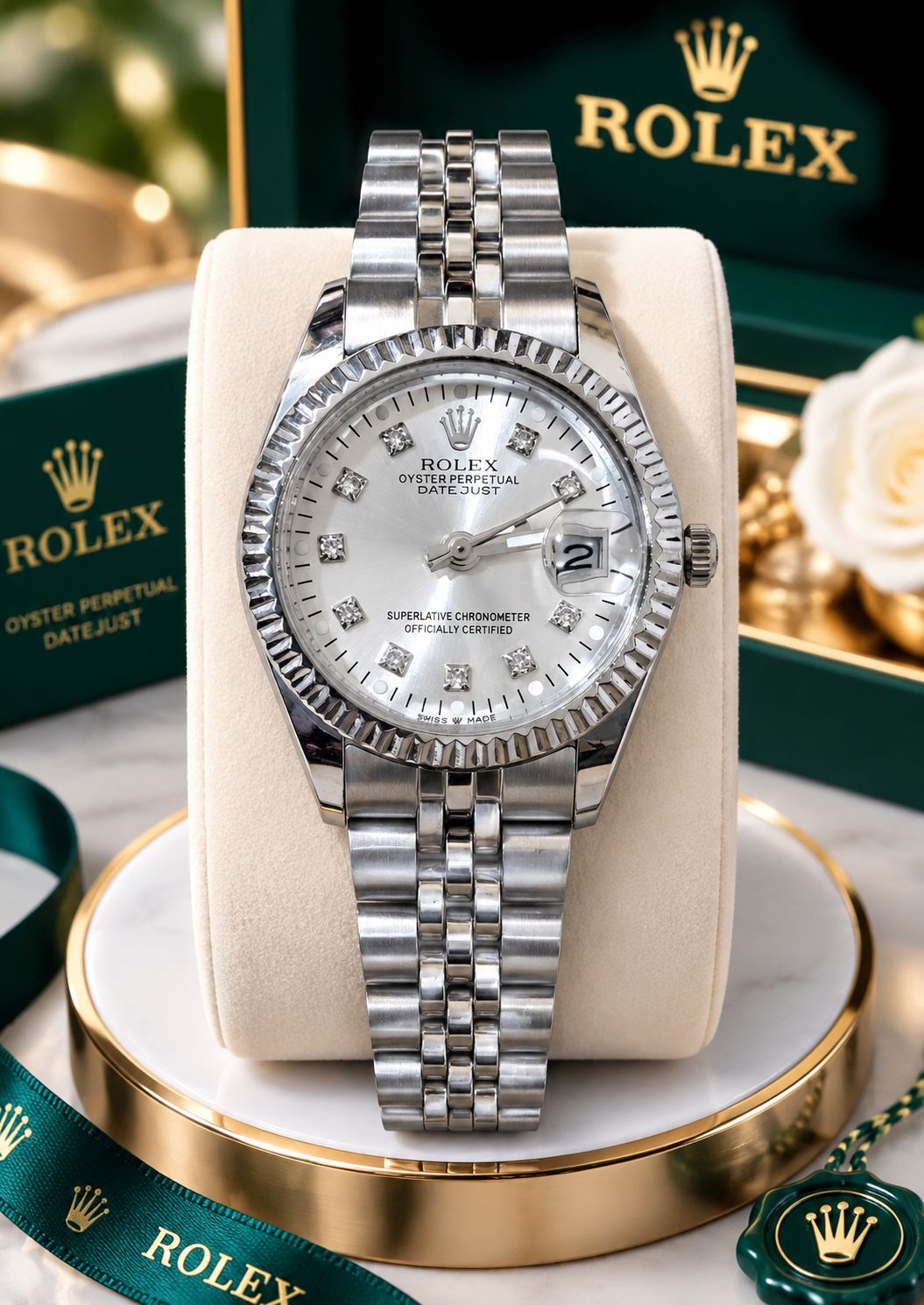 ساعت مچی زنانه بندنقره ای صفحه سفید از برند(رولکس)ROLEX DATE JUST