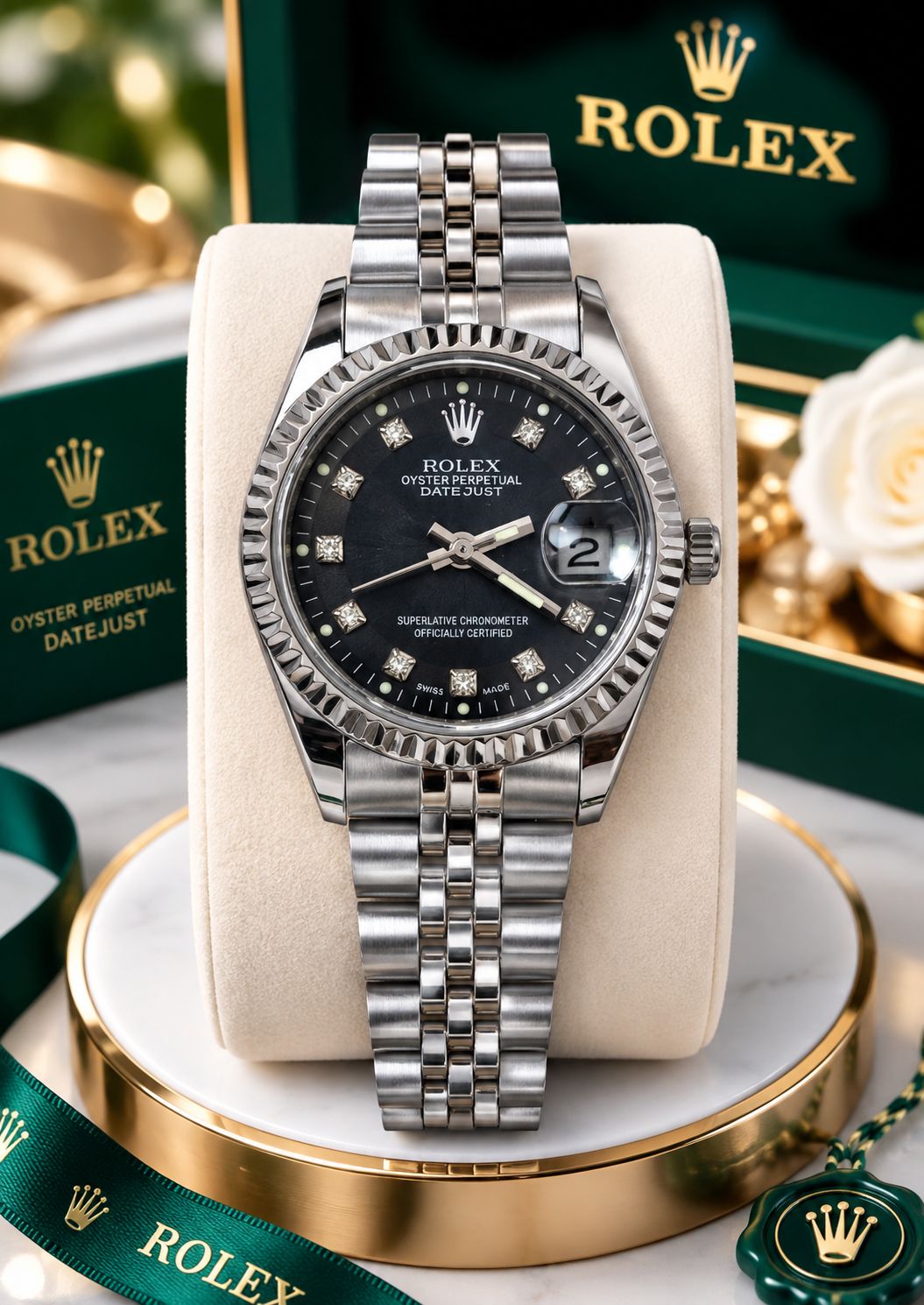 ساعت زنانه بند نقره ای صفحه مشکی از برند (رولکس)ROLEX DATE JUST